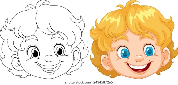 Line art and colored version of a happy child's face