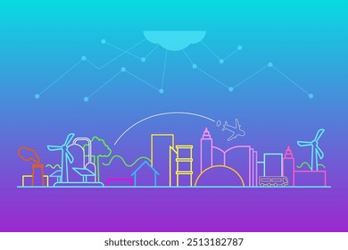 line art of a colorful city connected to the cloud network and using environmentally friendly energy with a gradient background. Depicts a smart city
