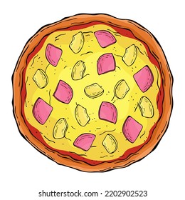 Line art colorful hawaiian pizza isolated on white background