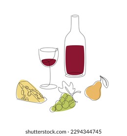 Line art colorful sketchy illustration of wine glass, wine bottle, cheese, grapes and a pear. Design elements for post card, menu, wine shop, poster prints