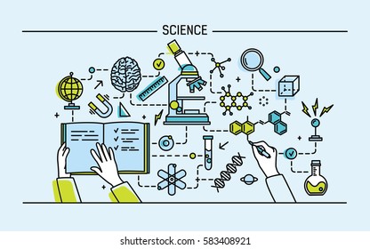 Line art colorful vector illustration. Science word and technology concept. flat design banner for website.