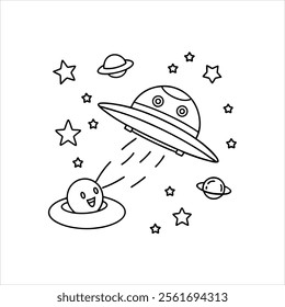 Line art Coloring books Space adventure Space Flying Saucer in Action