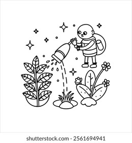 Line art Coloring books Space adventure flowers that sparkle, and an alien watering them with a jetpack 