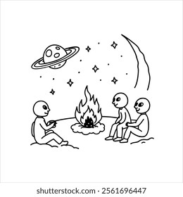 Line art Coloring books Space adventure. Aliens sitting around a glowing campfire on a distant moon.