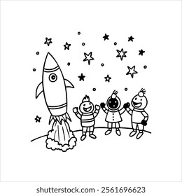 Line art Coloring books Space adventure. aliens counting down as their colorful rocket blasts off into a glittering sky filled with stars