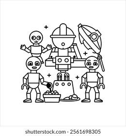 Line art Coloring books Space adventure  aliens building friendly robots in their futuristic workshop filled with gadgets and tools.