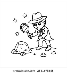 Line art Coloring books Space adventure A detective alien with a magnifying glass searching mysterious asteroid 