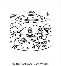 Line art Coloring books Space adventure  Alien Friendship Picnic on Earth