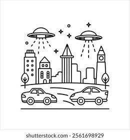 Line art Coloring books Space adventure  vibrant alien Cityscape