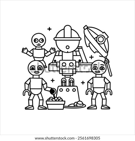 Line art Coloring books Space adventure  aliens building friendly robots in their futuristic workshop filled with gadgets and tools.