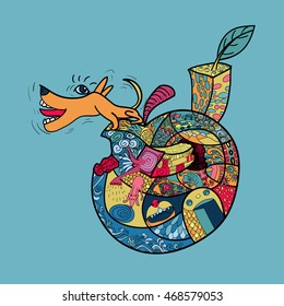 Line art with coloring of cute dog barking on chipped apple on blue background