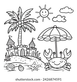 Line Art Coloring Drawing Book Beach Vector Hand