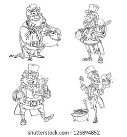 Line art coloring Leprechaun with beer and gold