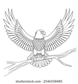 A line art coloring page of an eagle with its wings spread wide. The eagle is perched on a tree branch.