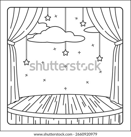 Line art coloring page of an empty wooden theater stage with curtains, hanging cloud, and stars. Ideal for children’s activities, performance themes, or printable educational sheets