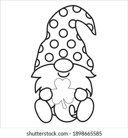 Line Art, Coloring Page, Gnome Saint Patrick lucky, irish, shamrock sit with clover leave, cute fantacy fairytale dwarf with hat decoration, symbol vector.