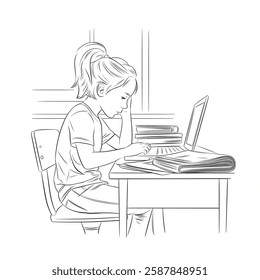 A line art coloring page illustration in vector style of a young girl sitting at a desk, focused on her work. She is surrounded by a laptop, books, 