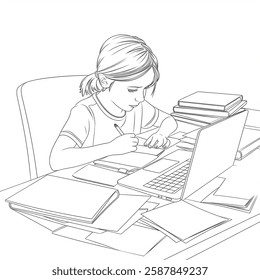 A line art coloring page illustration in vector style of a young girl sitting at a desk, focused on her work. She is surrounded by a laptop, books,