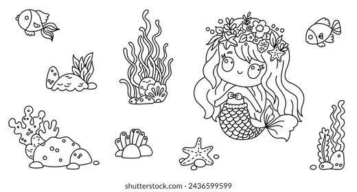 Line art coloring page for kids. Kindergarten or preschool coloring activity. Kawaii mermaid, seaweeds, fish, and seastar. 