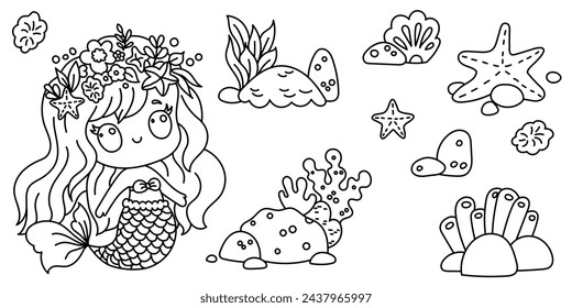 Line art coloring page for kids. Kindergarten or preschool coloring activity. Kawaii mermaid, seaweeds, fish, and seastar. Vector illustration