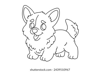 Line art coloring page for kids. Kindergarten or preschool coloring activity. Kawaii welsh corgi puppy and tulip. Cute pet vector illustration