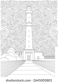 Line art coloring page of a majestic lighthouse with abstract swirling background, ideal for relaxation and creative expression.