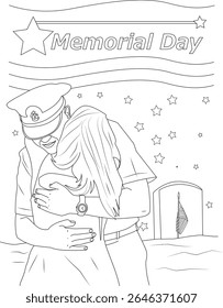 Line art coloring page for Memorial Day, featuring a military embrace and a grave with an American flag, symbolizing remembrance.