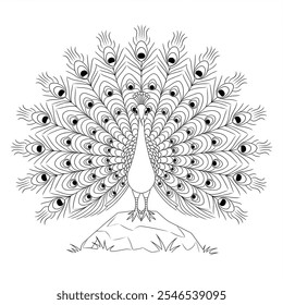 A line art coloring page of a round shape the peacock with its tail spread out. The peacock is standing on a rock.