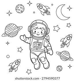 Line art coloring page of young astronaut character waving in space among multiple planets rockets and twinkling stars.