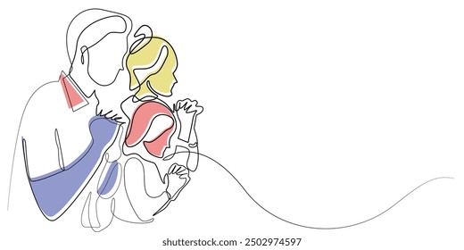 line art with colors Christian family praying together.abstract and unique one line drawing of family praying.isolated white background