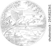 A Line art colouring page off a round shape nature scene with a bird