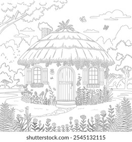 A line art colouring page of a round shape nature house with a thatched roof 