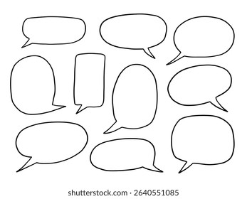 Line Art Comic Speech Bubble Outline. A playful collection of hand drawn speech bubble outlines in various shapes including oval and balloon styles. Perfect for comics quotes chats and message frames