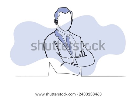 line art of company boss .one line drawing of male company leader.character of male company boss folding hands in line drawing