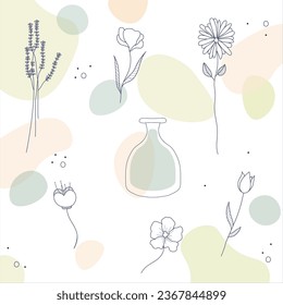 Line art composition with flowers and a vase. For postcards, posters, backgrounds, templates