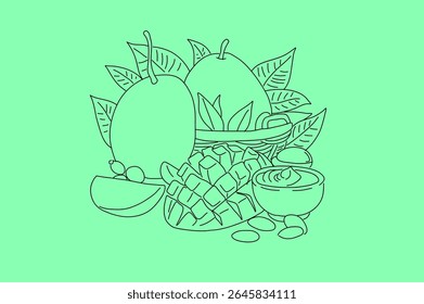 Line art composition of whole mangoes, diced mangoes, tropical leaves, and a bowl of sweet dip. A great fit for juice branding, fruit-based dessert packaging, or tropical-themed visuals.