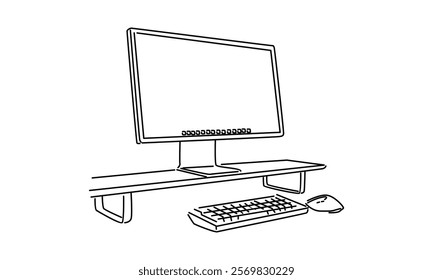 line art of computer monitor working desk illustration