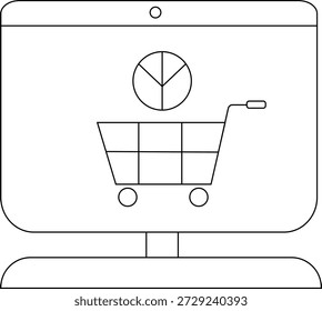 Arte de línea de una pantalla de ordenador que muestra un Carrito de compras con un gráfico circular arriba y dos círculos en la parte inferior