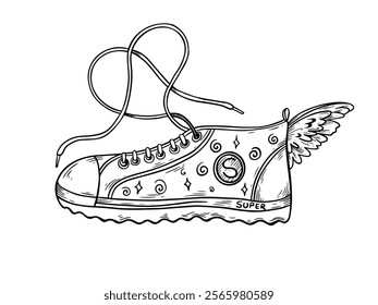 Line art concept illustration with fantasy sneakers with wings. Teenager design, stickers and print. Mythology Hermes shoes. 