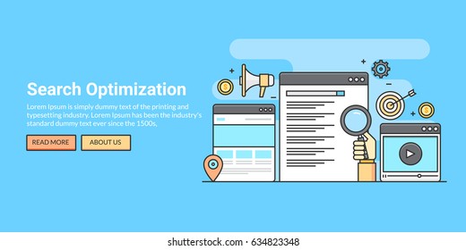 Line art concept for search optimization, SEO, digital marketing flat vector banner with icons and texts isolated on blue background