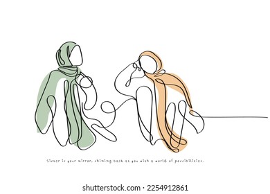 Line art concept vector of sisterhood in Islam. Hijab empowerment concept. Woman's day. Promote harmony and uplift eachother.