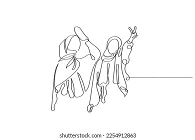 Line art concept vector of sisterhood in Islam. Hijab empowerment concept. Woman's day. Promote harmony and uplift eachother.