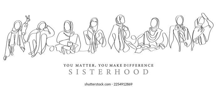 Line art concept vector of sisterhood in Islam. Hijab empowerment concept. Woman's day. Promote harmony and uplift eachother.