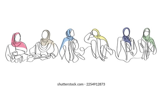 Line art concept vector of sisterhood in Islam. Hijab empowerment concept. Woman's day. Promote harmony and uplift eachother.