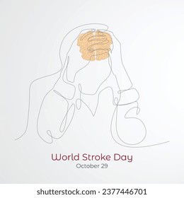 Line art concept of World Stroke Day, man holding head with both hands and brain vector, illustration.