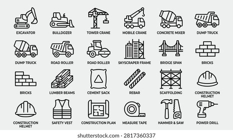Line art construction icons. Includes excavator, bulldozer, tower crane, mobile crane, concrete mixer, dump truck, road roller, skyscraper frame, bridge span, bricks, lumber beams, cement sack, rebar, scaffolding, construction helmet, safety vest, construction plan, measure tape, hammer saw, power drill.
