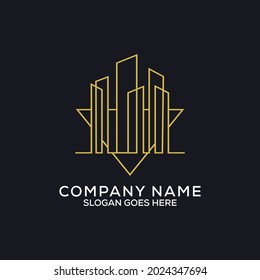 Line art construction logo design, outline building construction with golden monogram, can be used as symbols, brand identity, company logo, icons, or others.