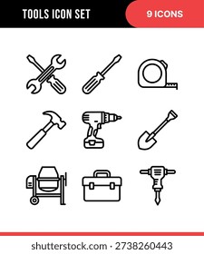Line Art Construction Tool Icon Set with Hammer and Screwdriver