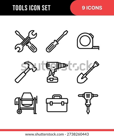 Line Art Construction Tool Icon Set with Hammer and Screwdriver