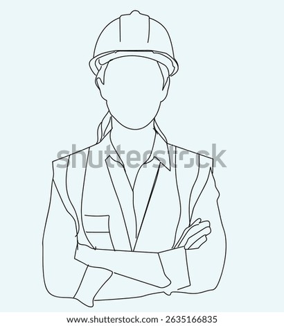 line art Construction worker in safety helmet pondered question, female engineer 
